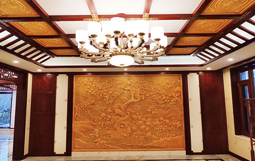 万山中式别墅客厅中式木作横梁吊顶装饰展示